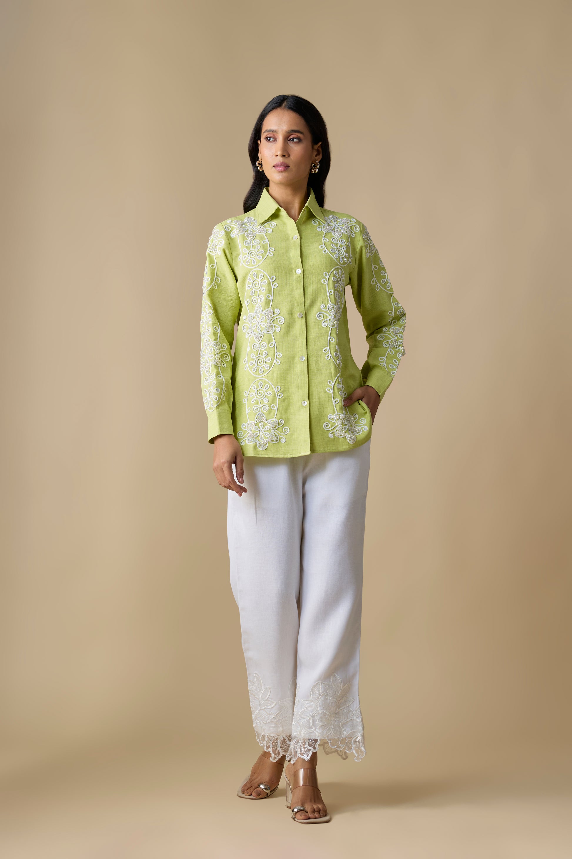 LIME GREEN EMBROIDERED SHIRT & WHITE PANTS