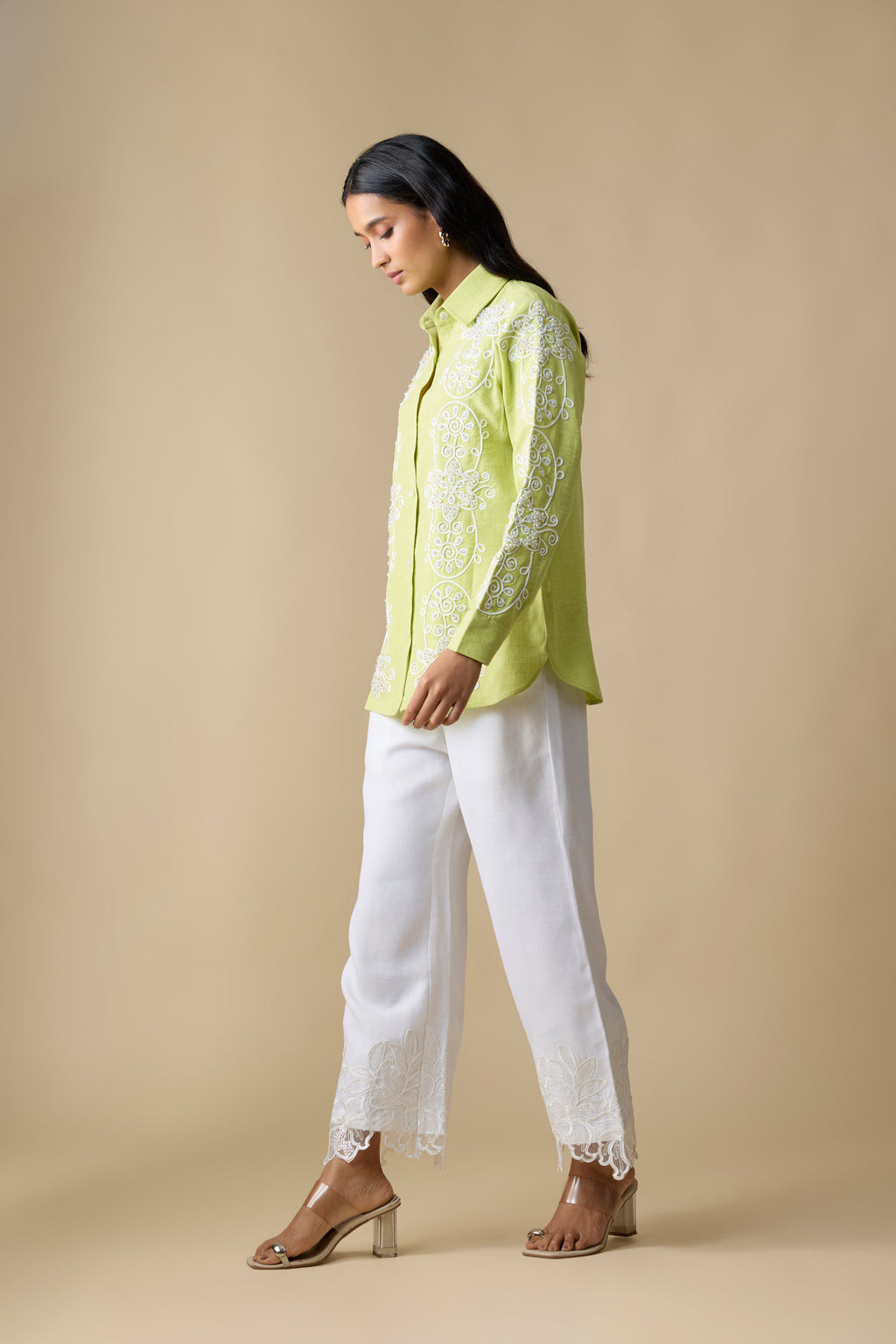 LIME GREEN EMBROIDERED SHIRT & WHITE PANTS