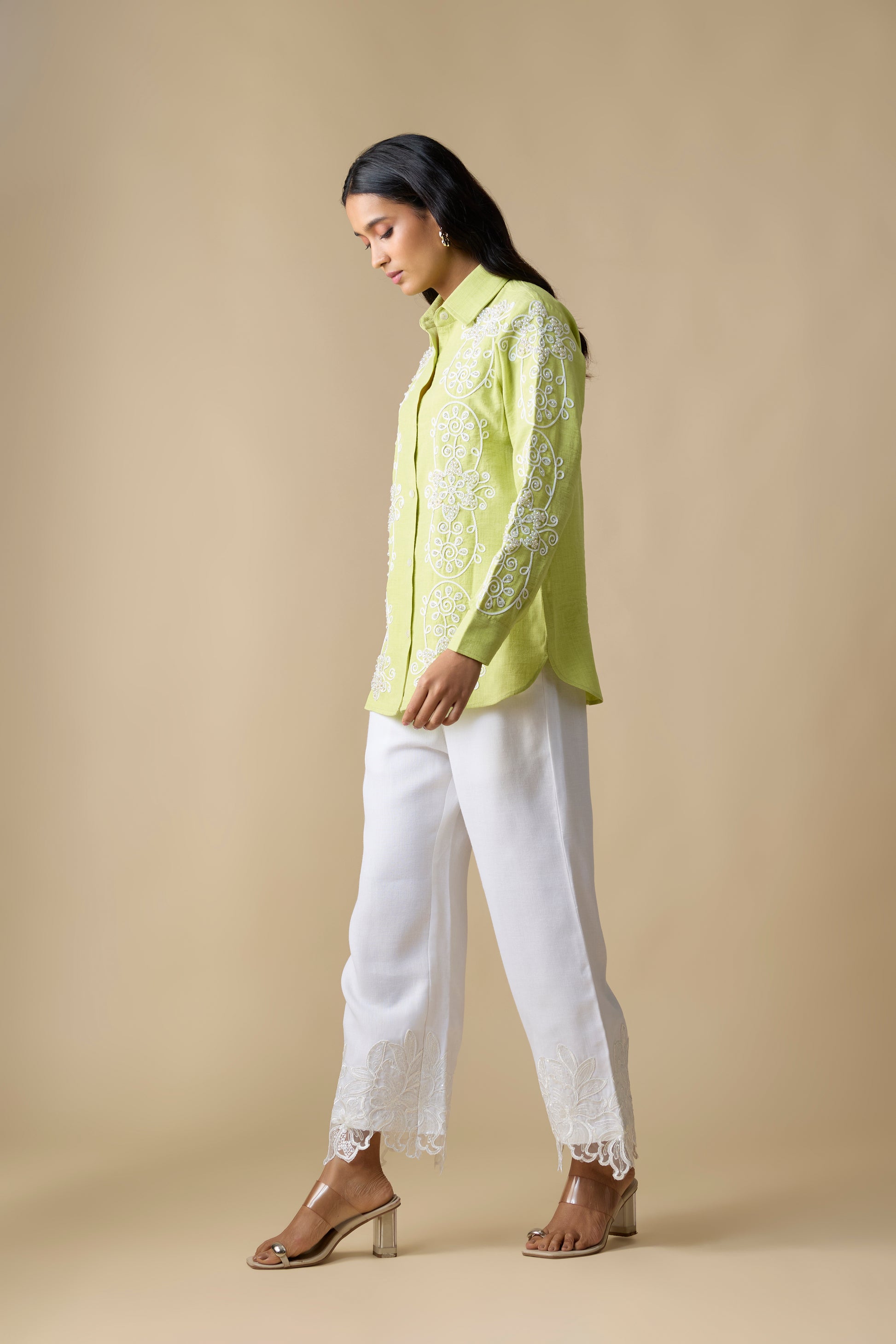 LIME GREEN EMBROIDERED SHIRT & WHITE PANTS