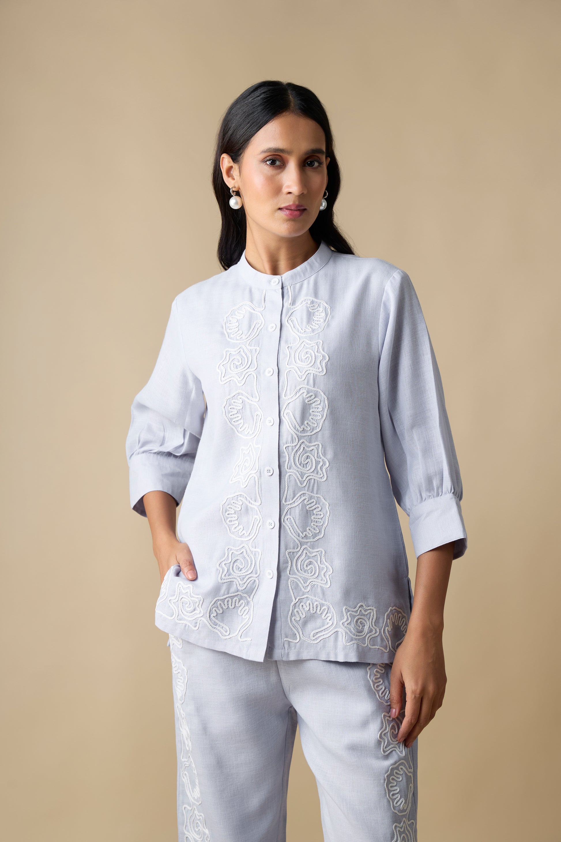 BLUE WITH WHITE EMBROIDERED SHIRT & TROUSERS