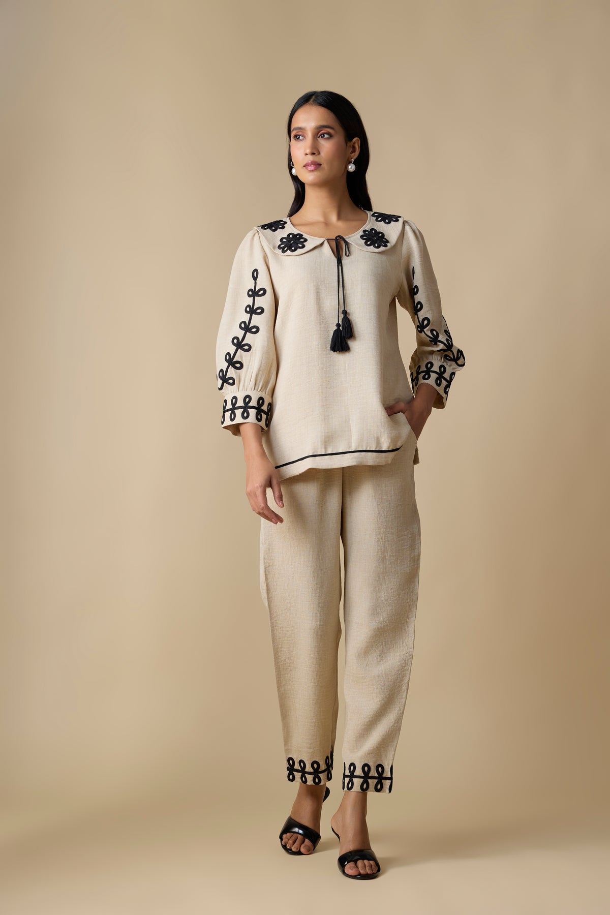 Beige embroidered co-ord set front view