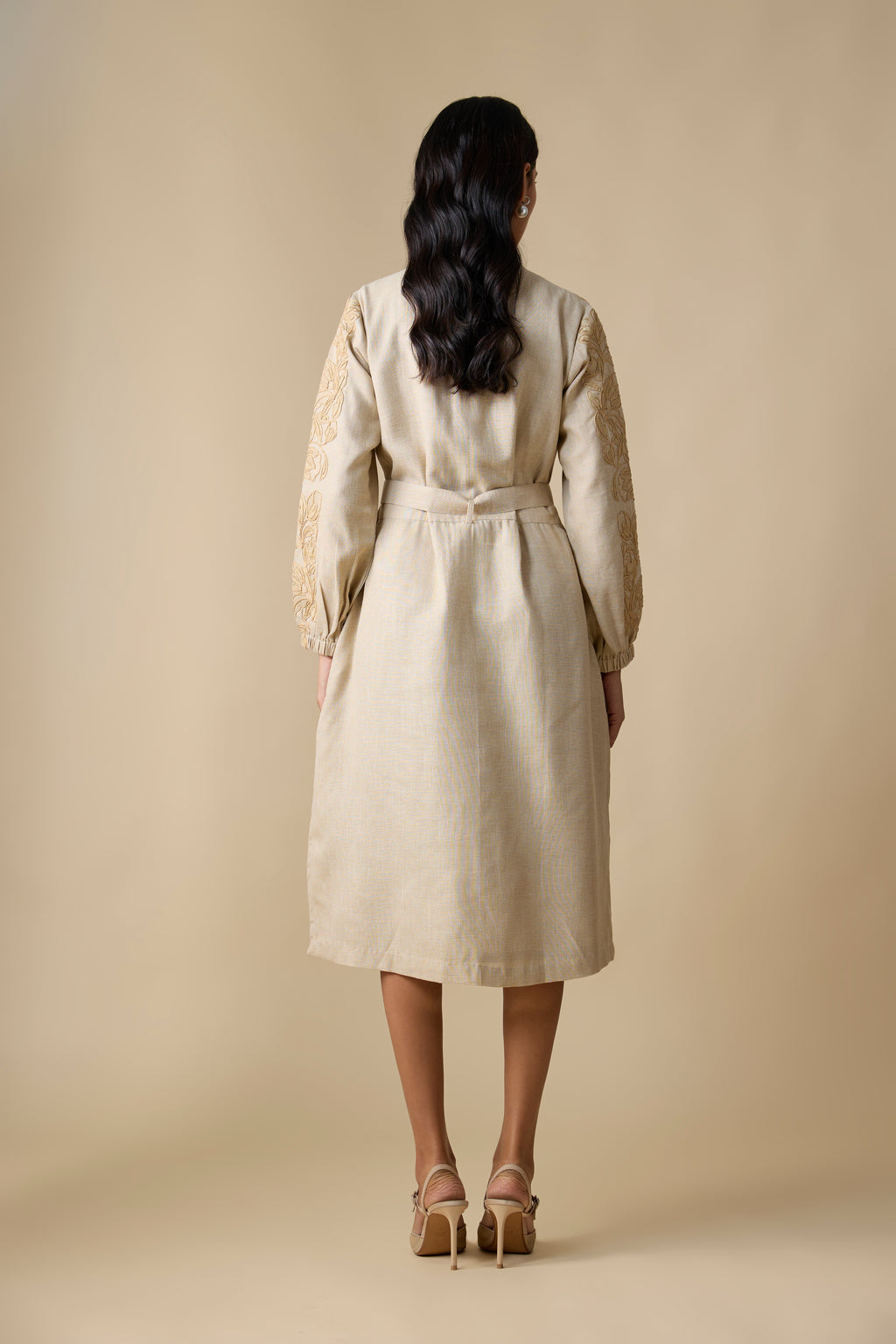 BEIGE SELF EMBROIDERED MIDI DRESS