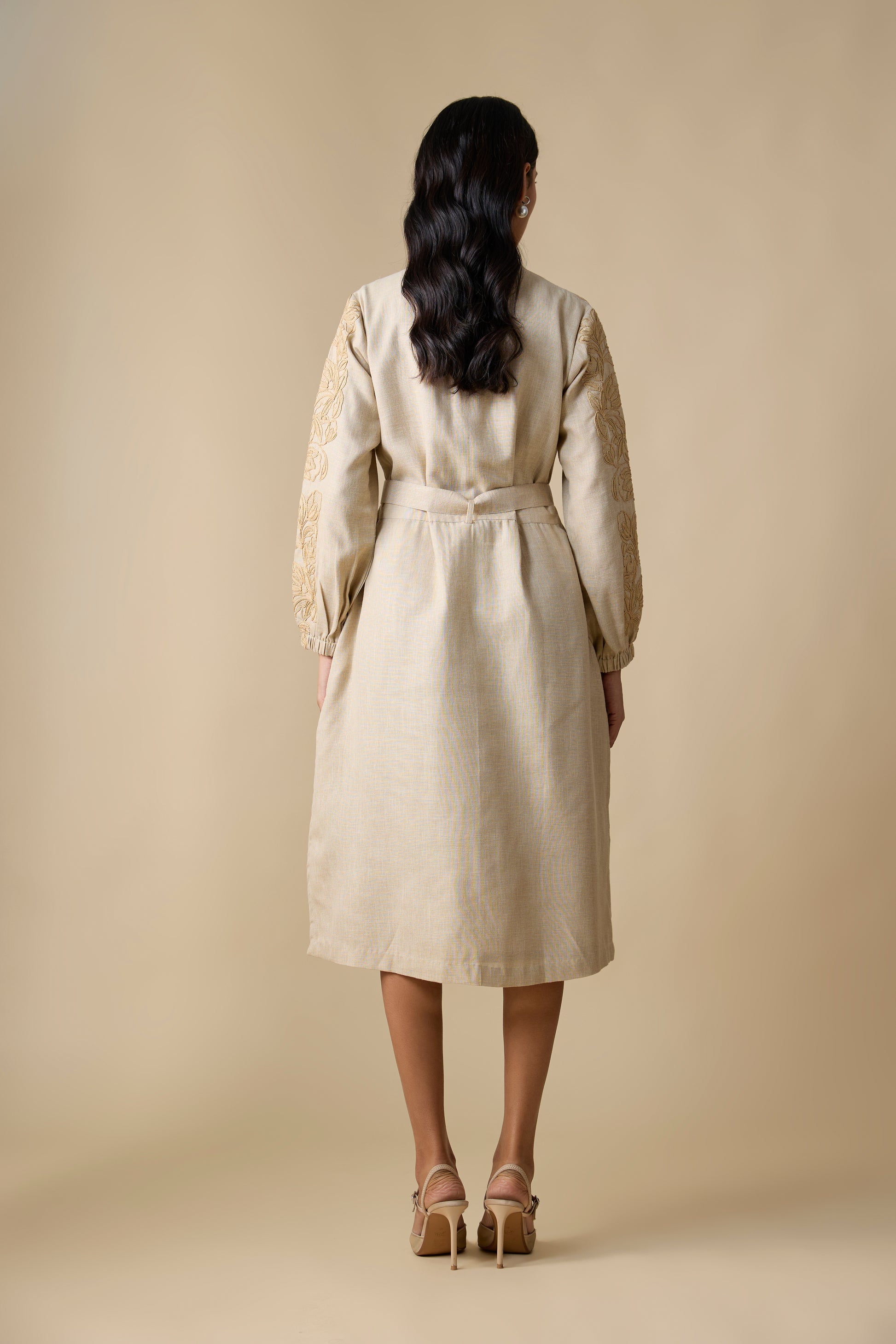 BEIGE SELF EMBROIDERED MIDI DRESS