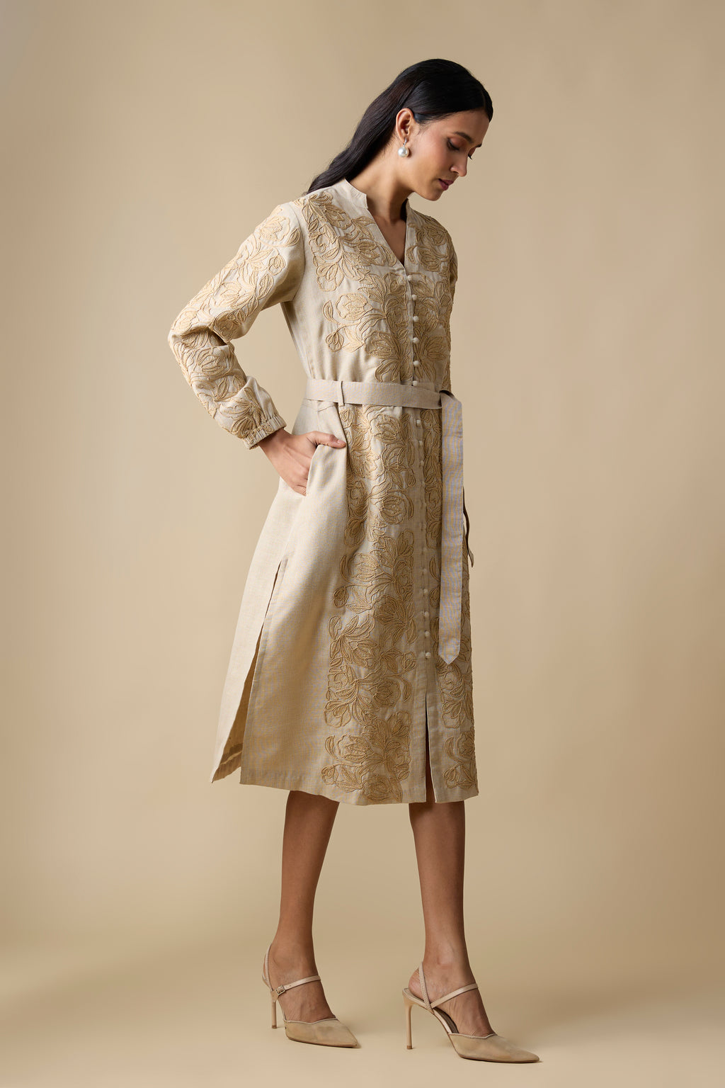 BEIGE SELF EMBROIDERED MIDI DRESS