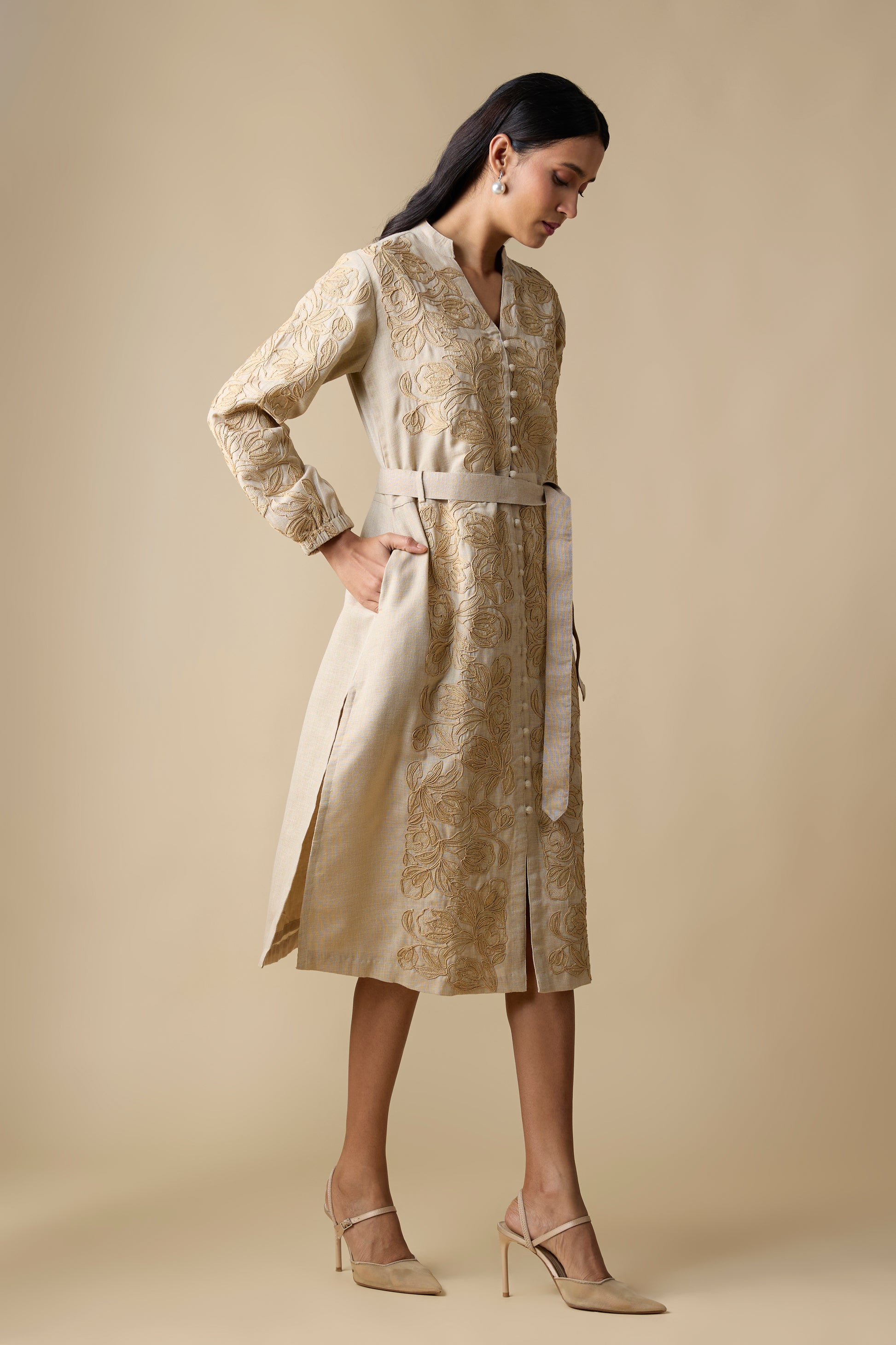 BEIGE SELF EMBROIDERED MIDI DRESS