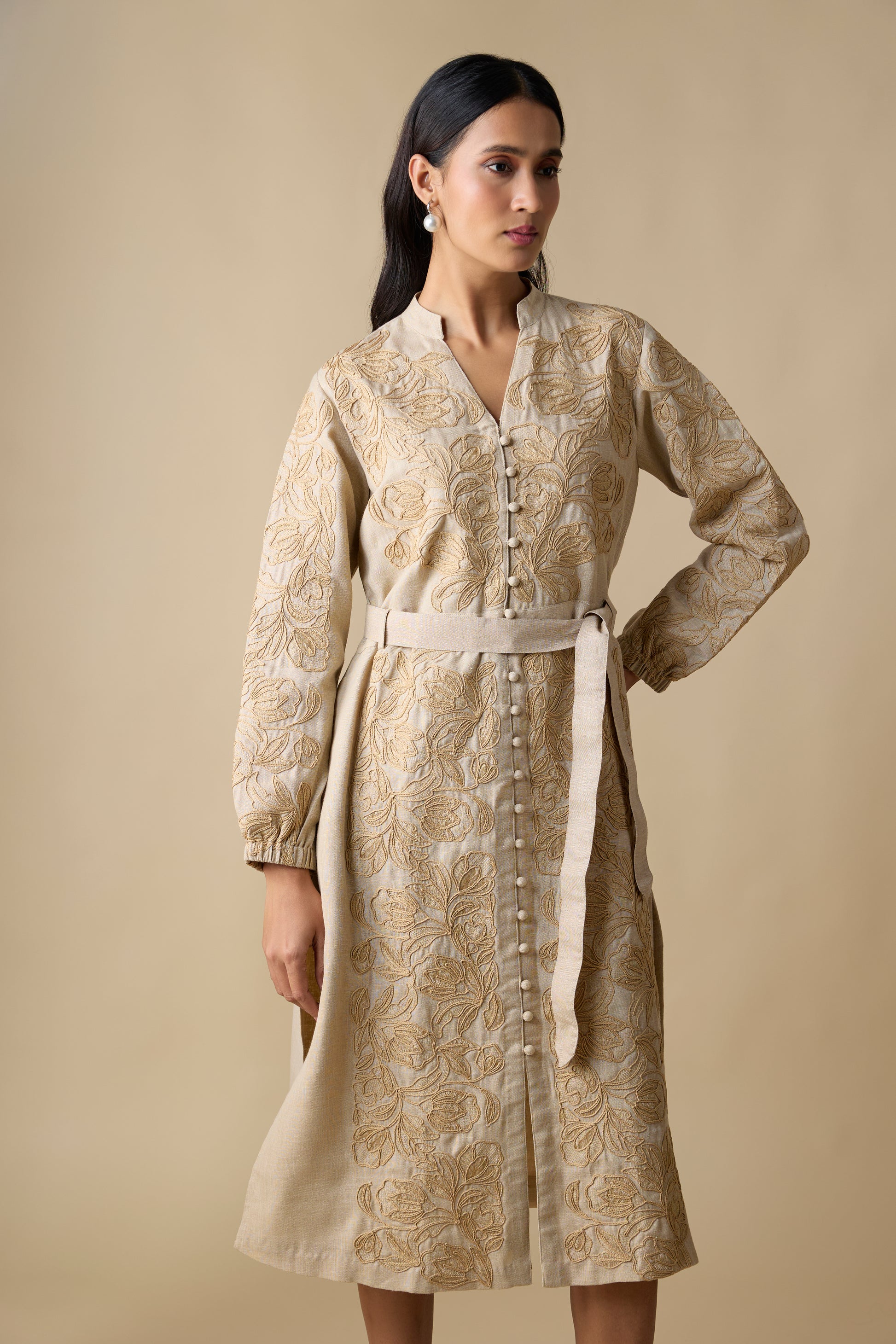 BEIGE SELF EMBROIDERED MIDI DRESS