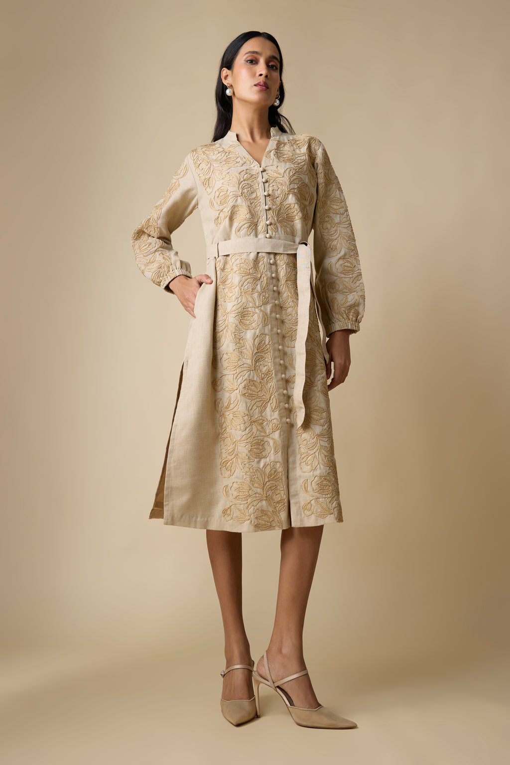BEIGE SELF EMBROIDERED MIDI DRESS