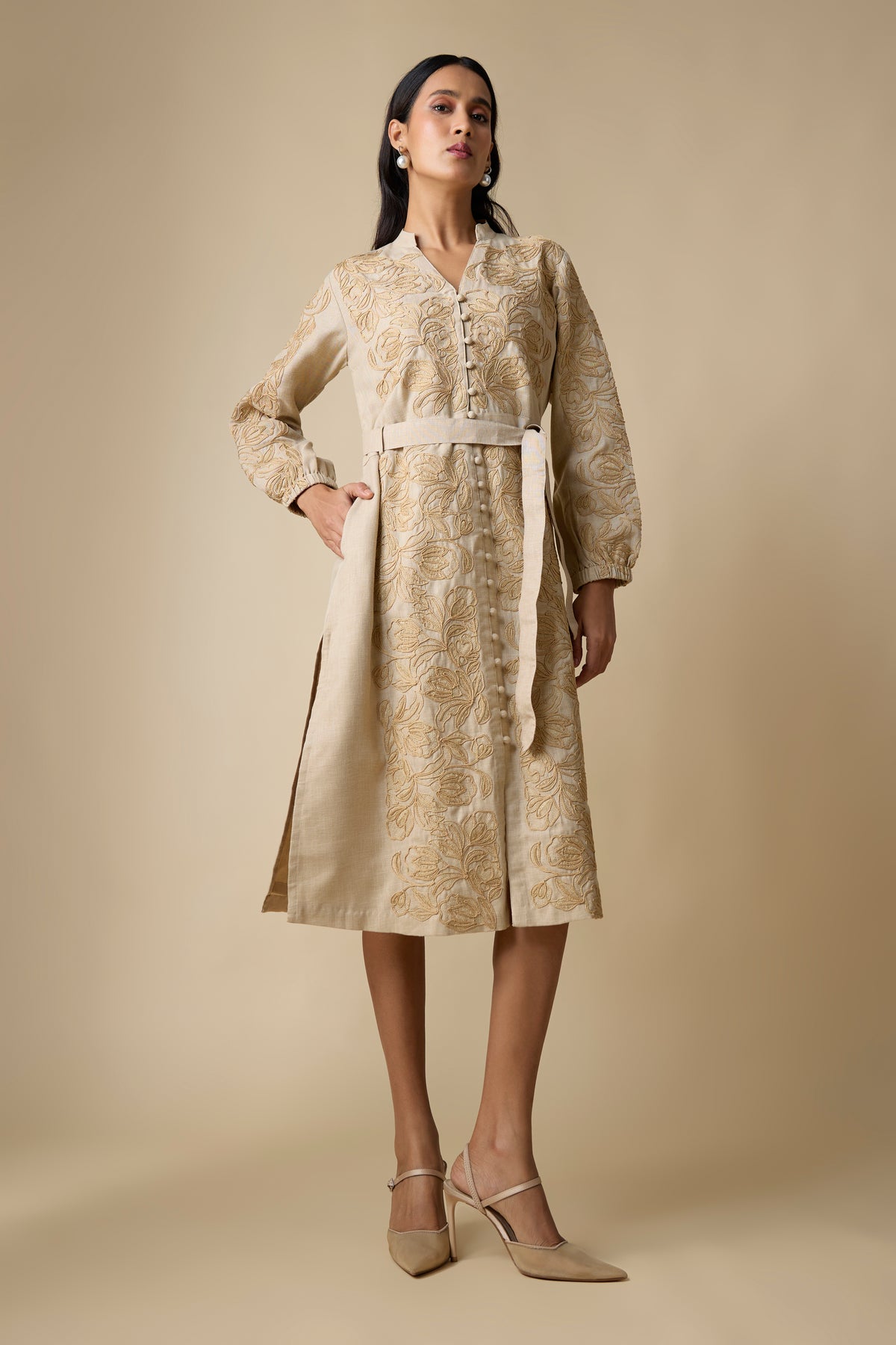 Beige self-embroidered midi dress front view
