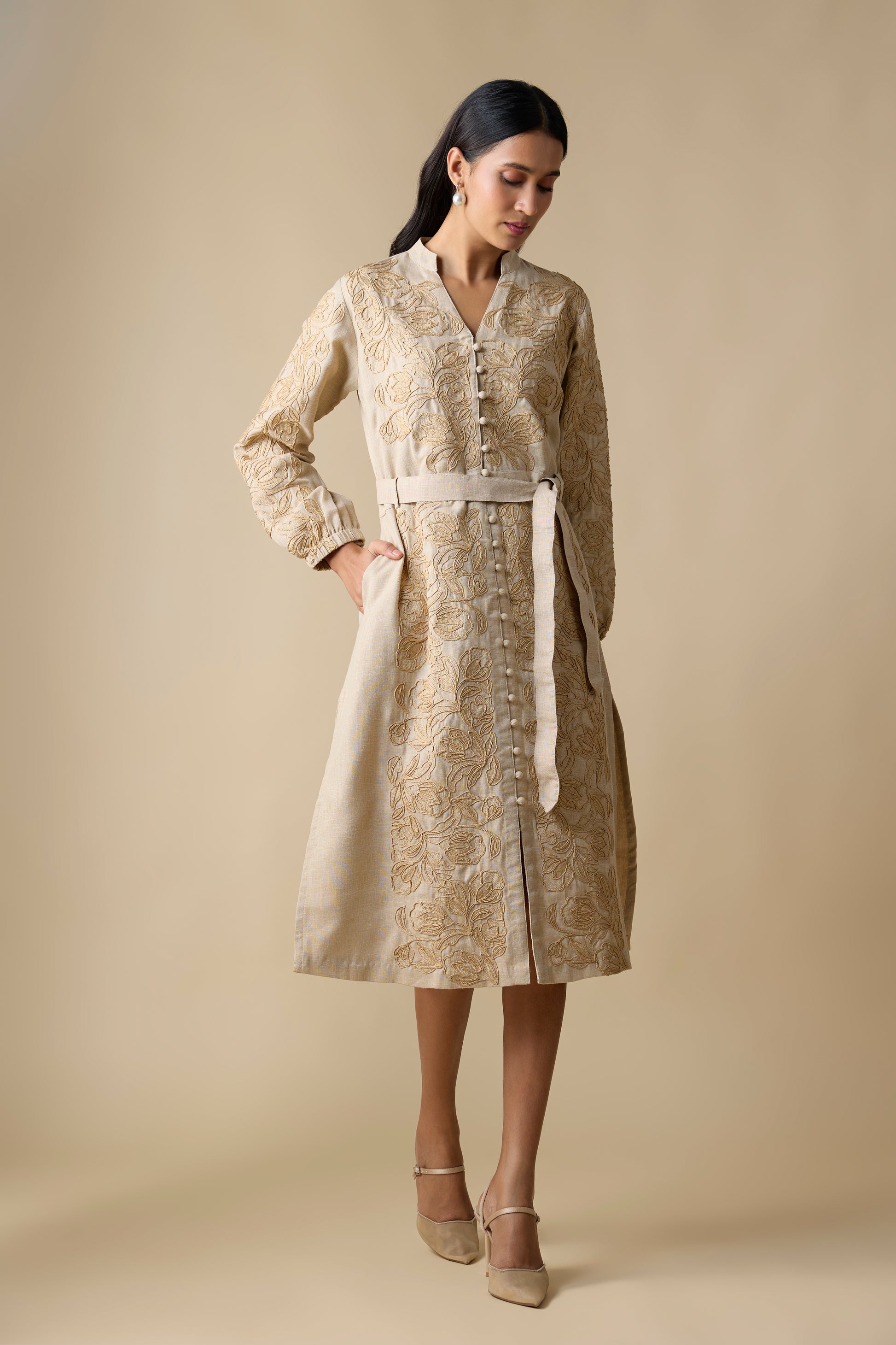 BEIGE SELF EMBROIDERED MIDI DRESS