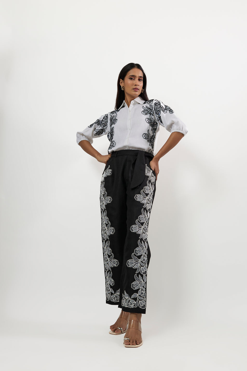 WHITE EMBROIDERED SHIRT & BLACK EMBROIDERED PANTS