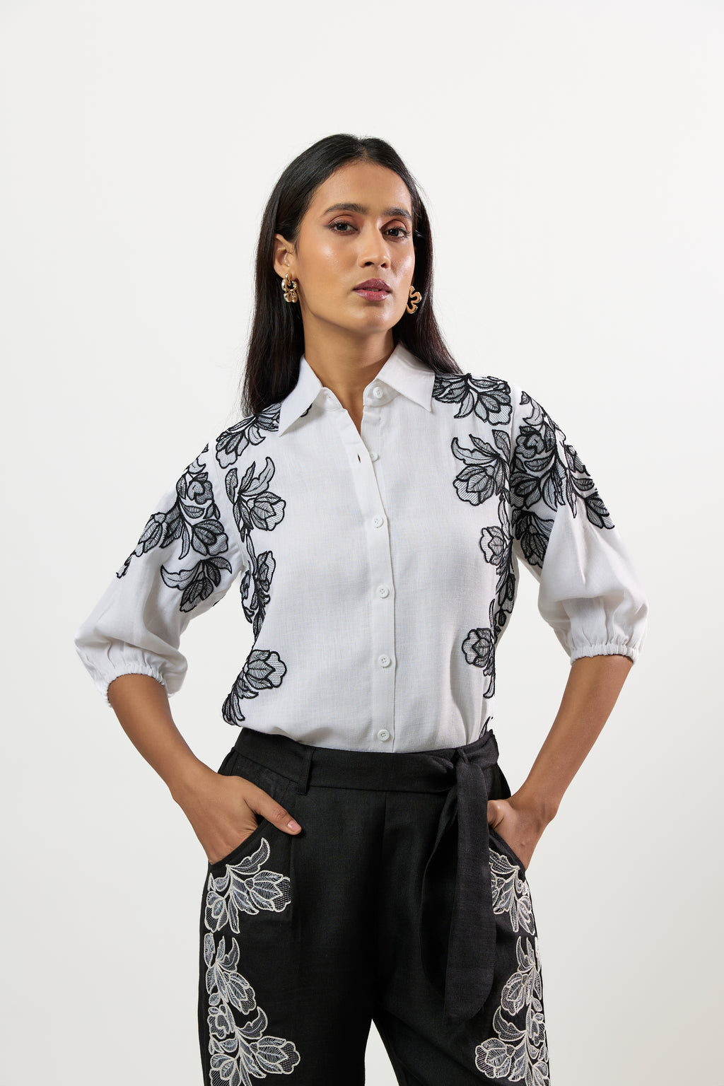 WHITE EMBROIDERED SHIRT & BLACK EMBROIDERED PANTS