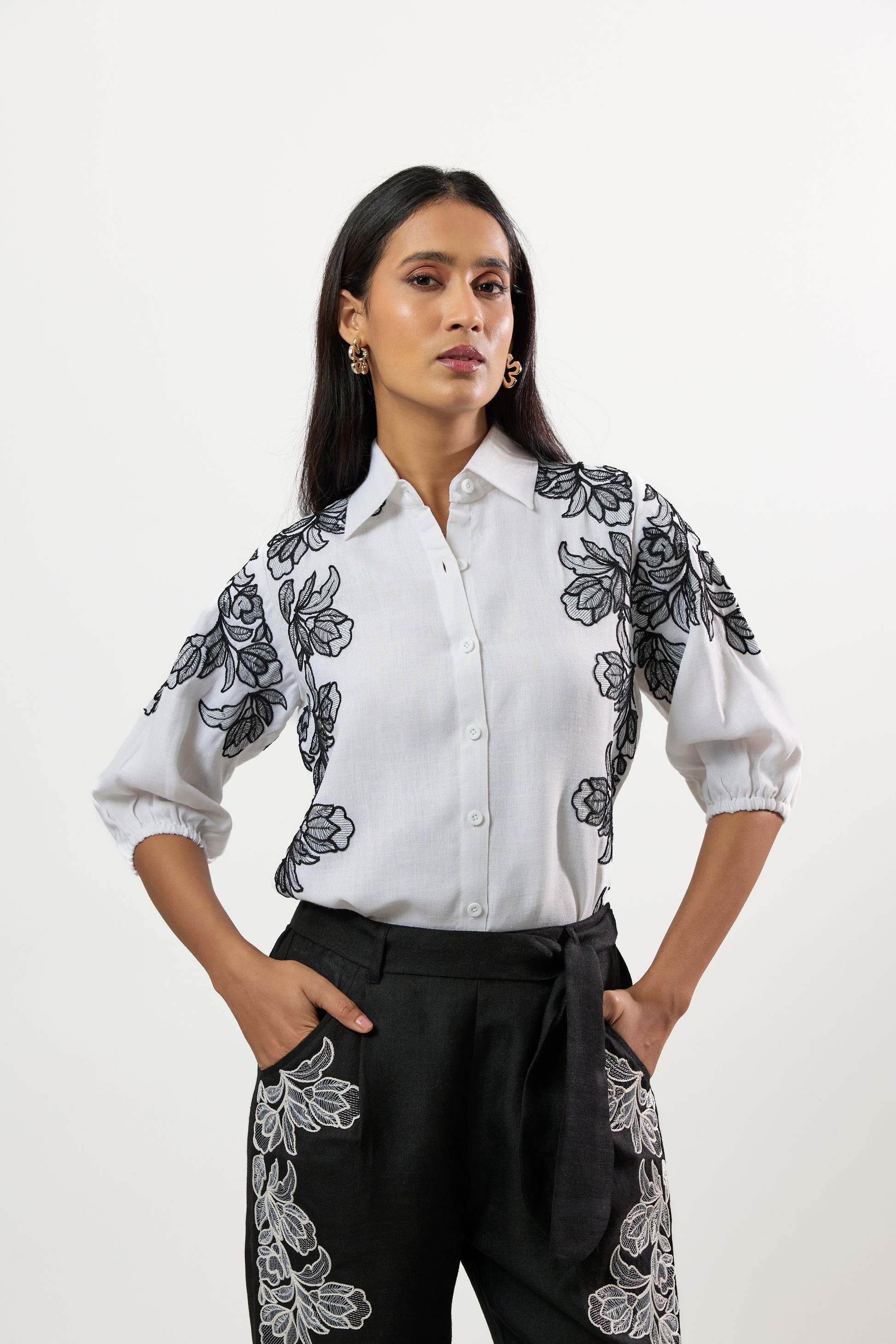 WHITE EMBROIDERED SHIRT & BLACK EMBROIDERED PANTS