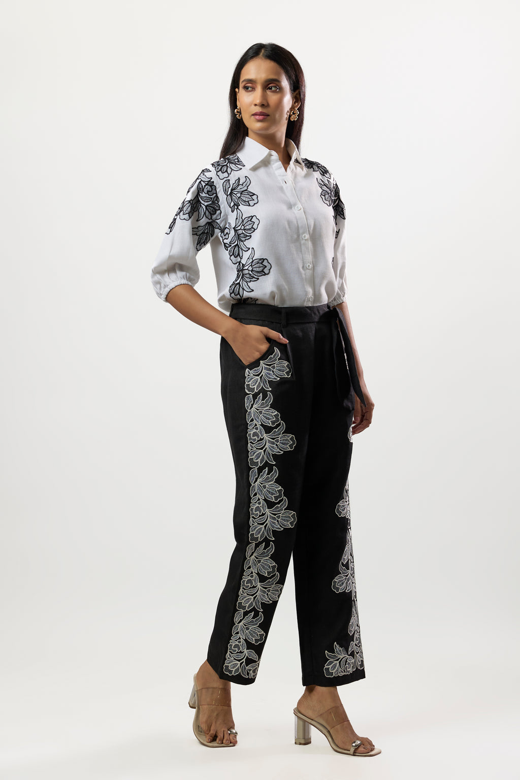WHITE EMBROIDERED SHIRT & BLACK EMBROIDERED PANTS