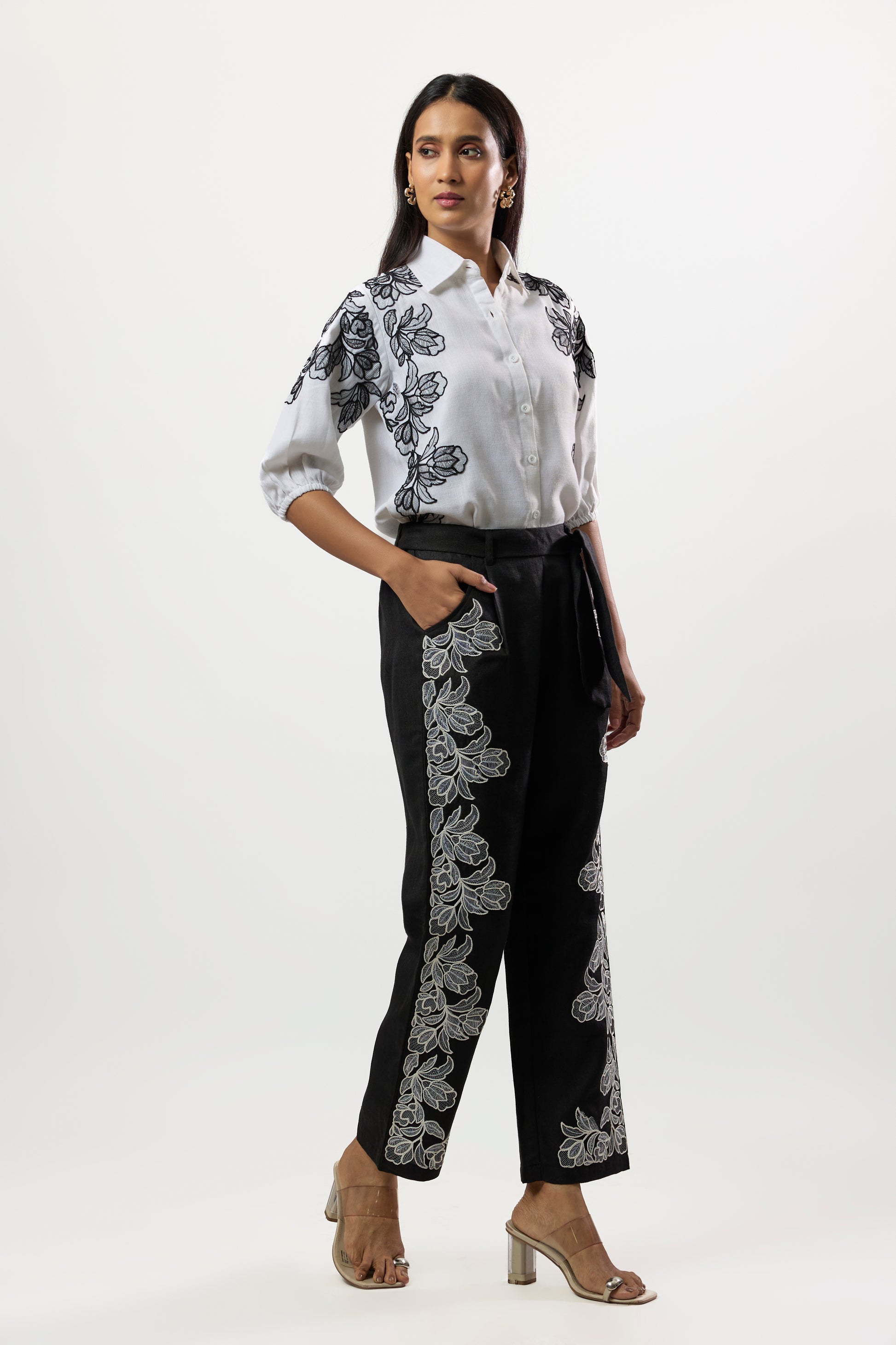 WHITE EMBROIDERED SHIRT & BLACK EMBROIDERED PANTS
