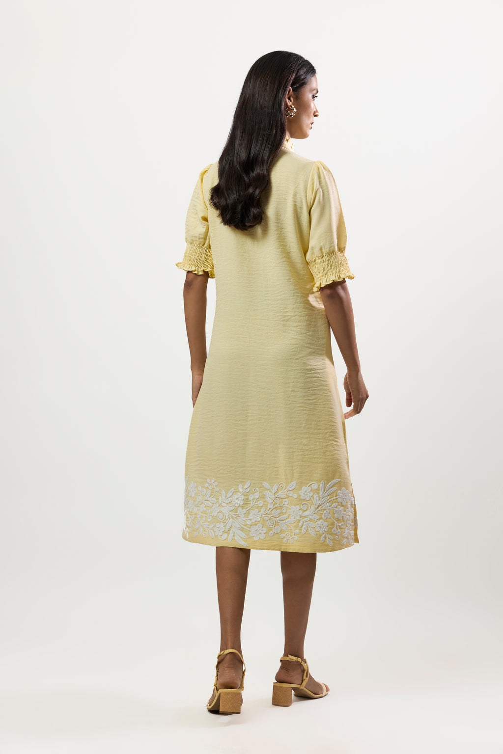 YELLOW COADDING EMBROIDERY DRESS WITH SIDE SLIT
