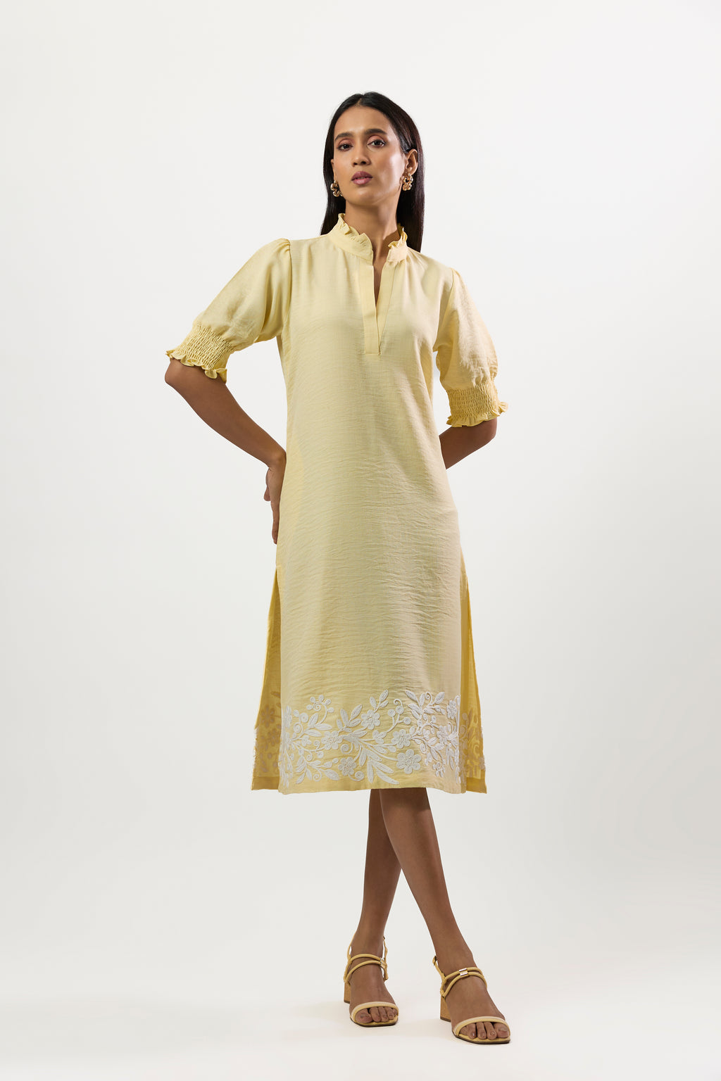 YELLOW COADDING EMBROIDERY DRESS WITH SIDE SLIT