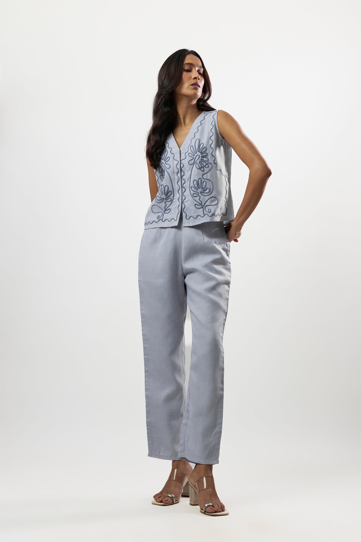 Blue tonal embroidered waistcoat for women front view
